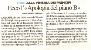 Resto del Carlino 16 gen 10 Apologia del piano B alla Vineria romanzo e vino