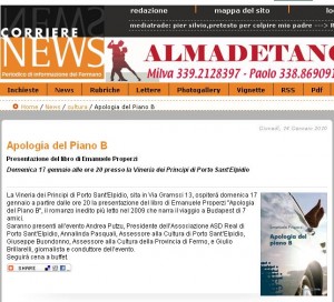 corrierenews gennaio 2010 Apologia del piano B il romanzo dello scrittore Properzi