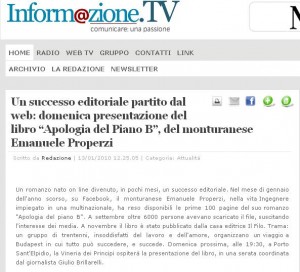 informazioneTV online gennaio 10 romanzo Apologia del piano B dello scrittore Properzi